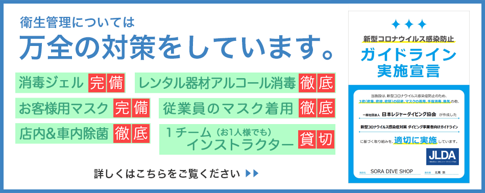 衛生管理については万全の対策をしています。（消毒ジェル完備｜レンタル器材アルコール消毒徹底｜お客様用マスク完備｜従業員のマスク着用徹底｜店内＆車内除菌徹底｜1チームインストラクター貸切※お一人様でも）詳しくはこちらをご覧ください